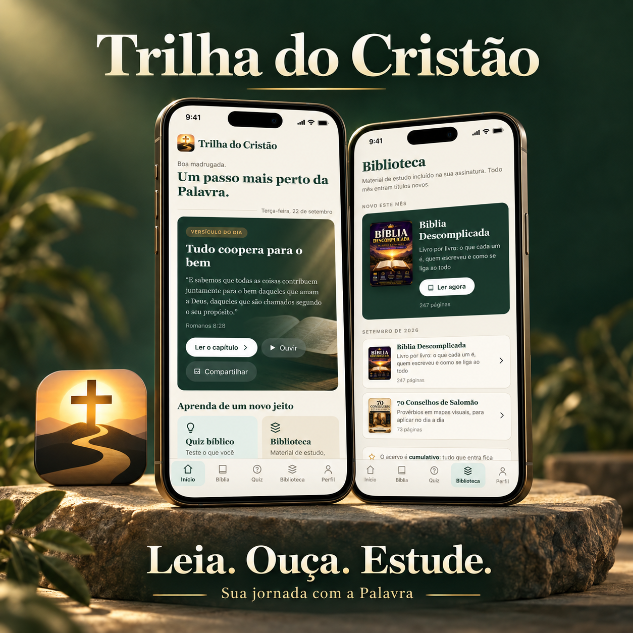 Mockup do Trilha do Cristão com as telas de início e biblioteca em dois celulares