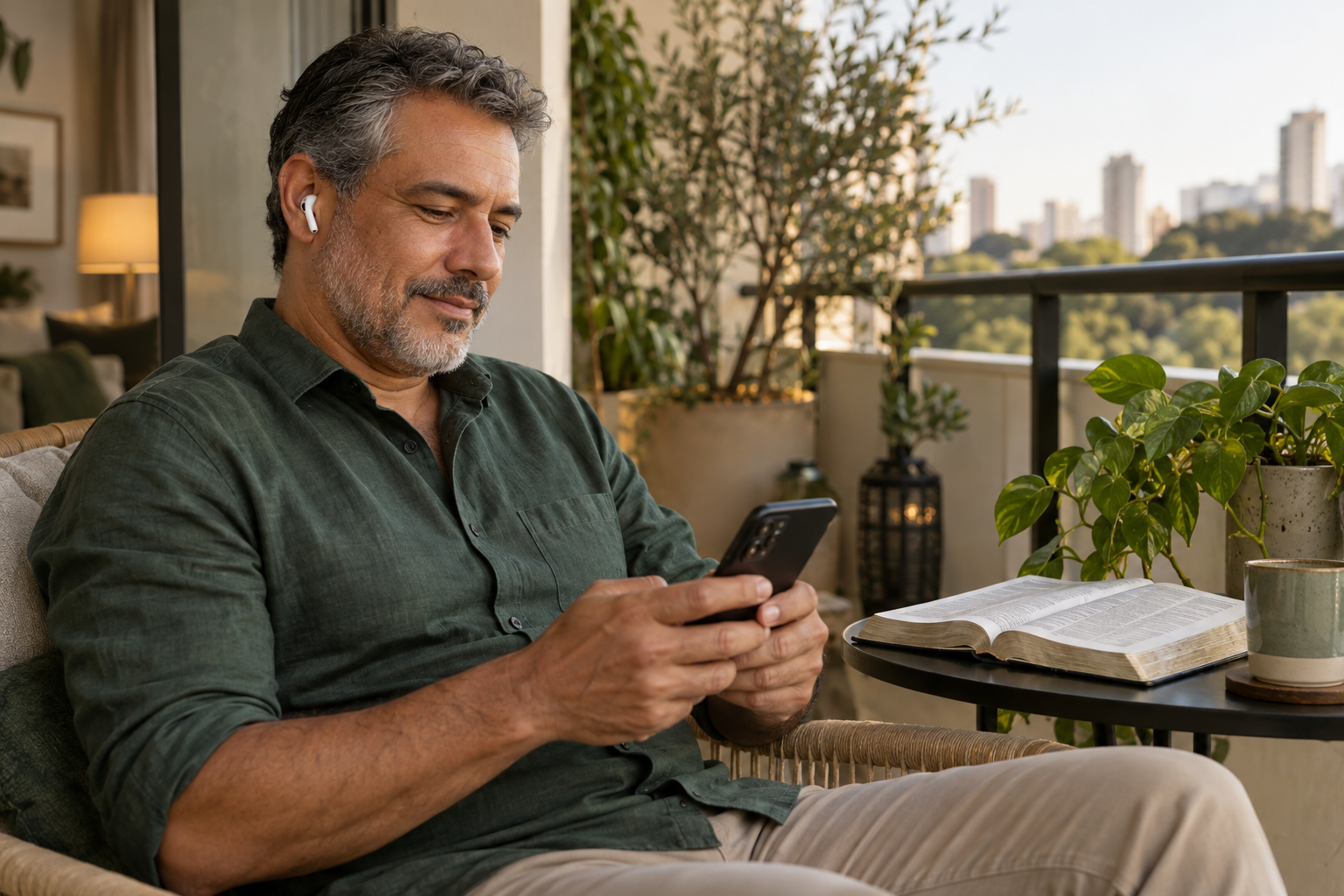 Cena ilustrativa de um homem olhando o celular enquanto ouve com fones, ao lado de uma Bíblia aberta