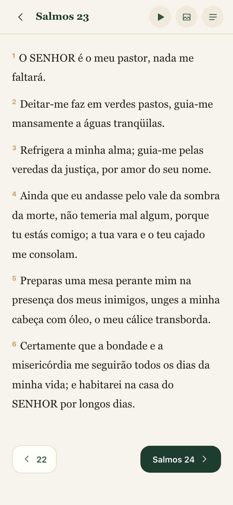 Tela real da leitura de Salmos 23, com opção de áudio
