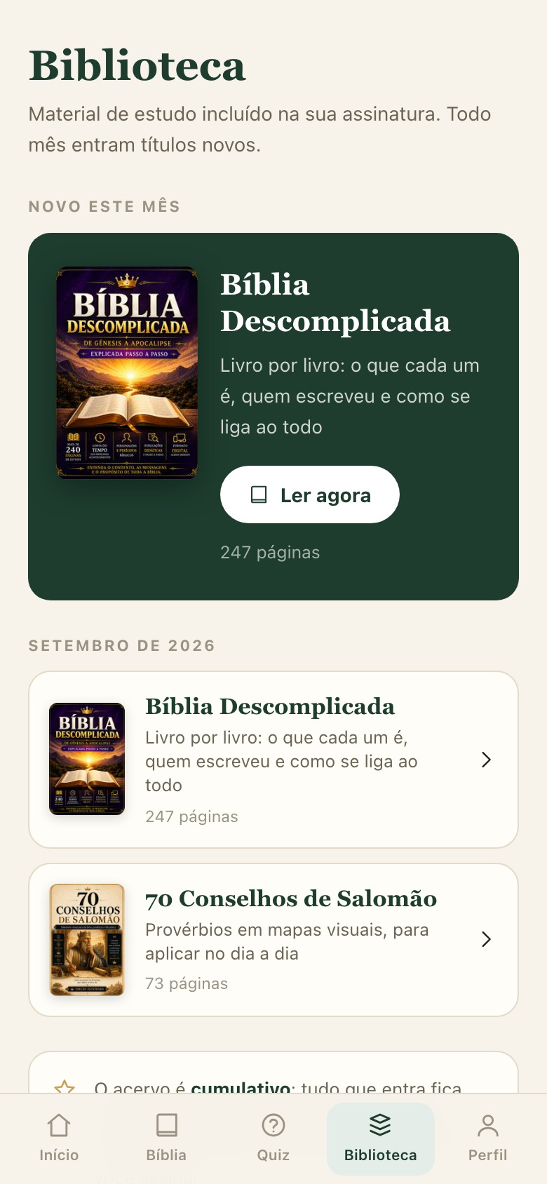 Tela real da biblioteca com Bíblia Descomplicada e 70 Conselhos de Salomão