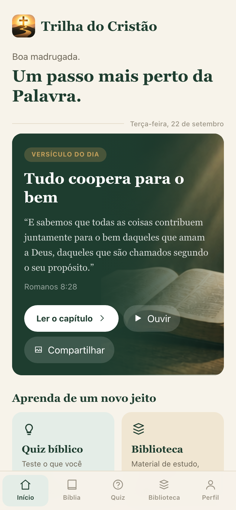 Print real da tela inicial do Trilha do Cristão com o versículo do dia